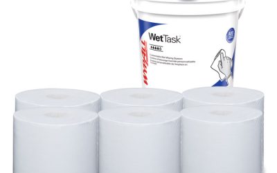 Critical Clean Wipers for Bleach, Disinfectants, Sanitizers WetTask Customizable Wet Wiping System, w/Bucket,140/Roll, 6/CT