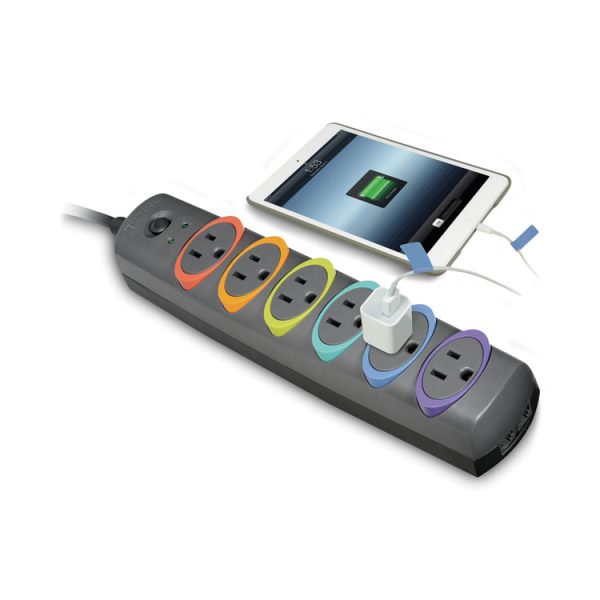 SmartSockets Color-Coded Strip Surge Protector, 6 AC Outlets, 8 ft Cord, 1,260 J, Black - Image 3