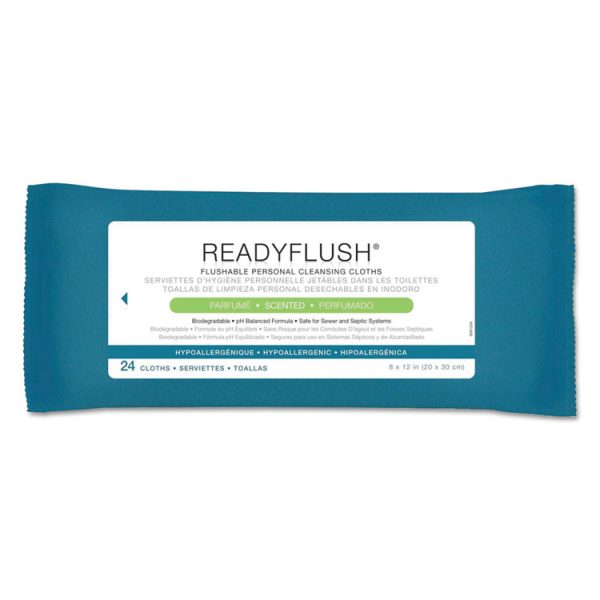 ReadyFlush Biodegradable Flushable Wipes, 1-Ply, 8 x 12, White, 24/Pack, 24 Packs/Carton