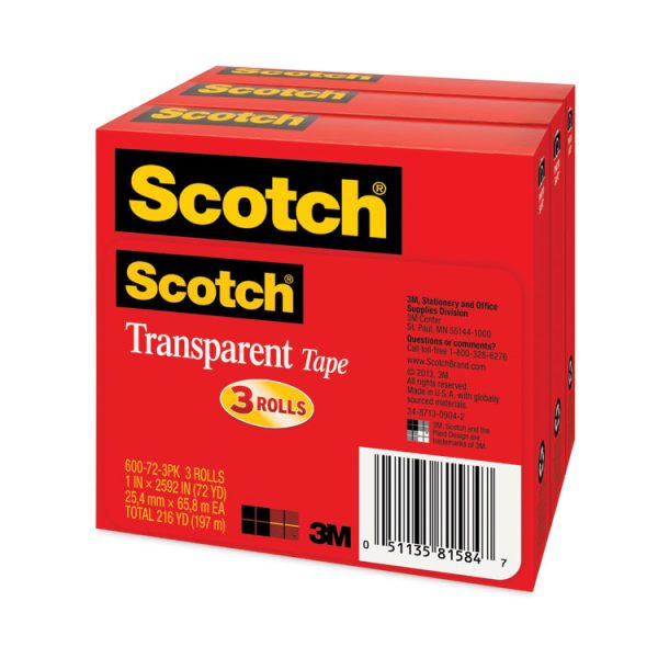 Transparent Tape, 3" Core, 1" X 72 Yds, Transparent, 3/pack - Image 2