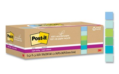 100% Recycled Paper Super Sticky Notes, Unruled, 3″ x 3″, Assorted Oasis Colors, 70 Sheets/Pad, 12 Pads/Pack