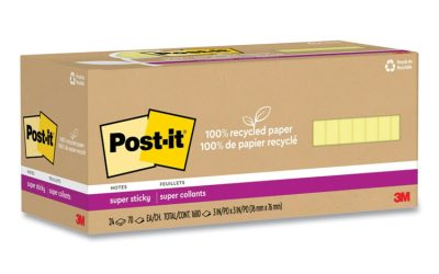 100% Recycled Paper Super Sticky Notes, 3″ x 3″, Canary Yellow, 70 Sheets/Pad, 24 Pads/Pack