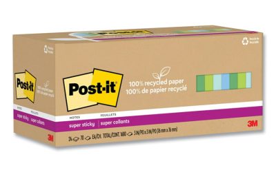 100% Recycled Paper Super Sticky Notes, 3″ x 3″, Oasis, 70 Sheets/Pad, 24 Pads/Pack