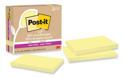 100% Recycled Paper Super Sticky Notes, 3″ x 5″, Canary Yellow, 70 Sheets/Pad, 12 Pads/Pack