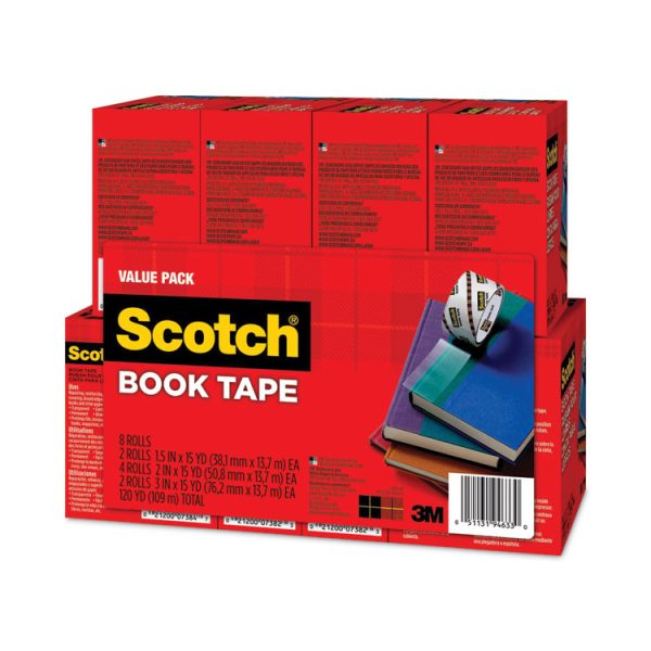 Book Tape Value Pack, 3" Core, (2) 1.5" X 15 Yds, (4) 2" X 15 Yds, (2) 3" X 15 Yds, Clear, 8/pack - Image 2