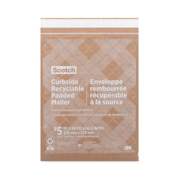 Curbside Recyclable Padded Mailer, #5, Bubble Cushion, Self-Adhesive Closure, 12 x 17.25, Natural Kraft, 100/Carton