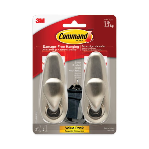 Adhesive Mount Metal Hook, Large, Brushed Nickel Finish, 5 lb Capacity, 2 Hooks and 4 Strips/Pack - Image 2