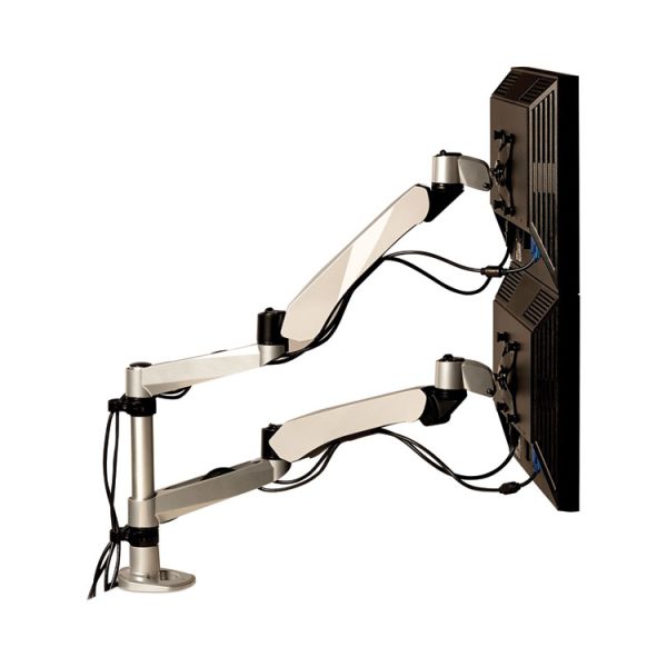 Easy-Adjust Desk Dual Arm Mount For 27" Monitors, 360 Deg Rotation, +90/-15 Deg Tilt, 360 Deg Pan, Silver, Supports 20 Lb - Image 3