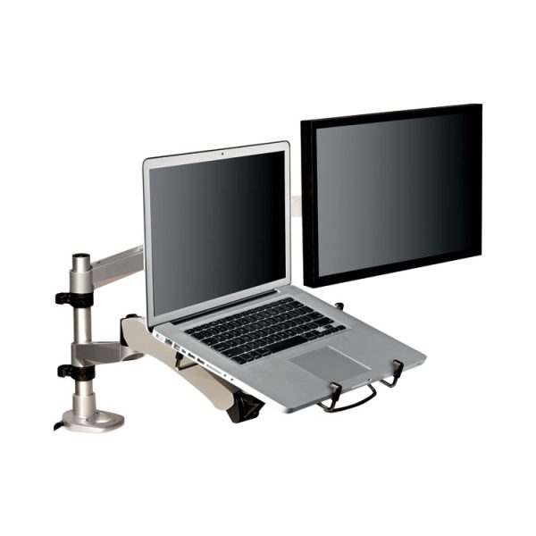 Easy-Adjust Desk Dual Arm Mount For 27" Monitors, 360 Deg Rotation, +90/-15 Deg Tilt, 360 Deg Pan, Silver, Supports 20 Lb - Image 4