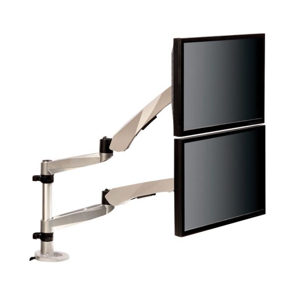 Easy-Adjust Desk Dual Arm Mount For 27" Monitors, 360 Deg Rotation, +90/-15 Deg Tilt, 360 Deg Pan, Silver, Supports 20 Lb - Image 6