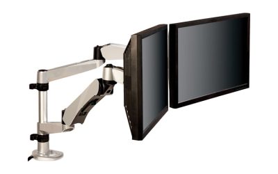 Easy-Adjust Desk Dual Arm Mount For 27″ Monitors, 360 Deg Rotation, +90/-15 Deg Tilt, 360 Deg Pan, Silver, Supports 20 Lb