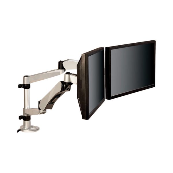 Easy-Adjust Desk Dual Arm Mount For 27" Monitors, 360 Deg Rotation, +90/-15 Deg Tilt, 360 Deg Pan, Silver, Supports 20 Lb