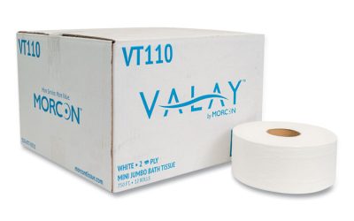 Valay Mini Jumbo Bath Tissue, Septic Safe, 2-Ply, White, 750 ft, 12 Rolls/Carton