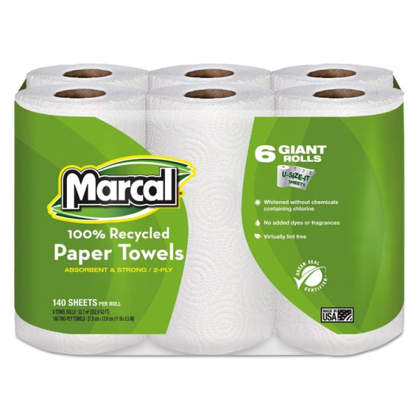 100% Premium Recycled Kitchen Roll Towels, 2-Ply, 11 x 5.5, White, 140/Roll, 24 Rolls/Carton