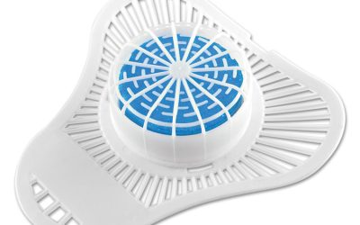 Urinal Screen with Non-Para Deodorizer Block, Cherry Scent, White/Blue, 12/Carton