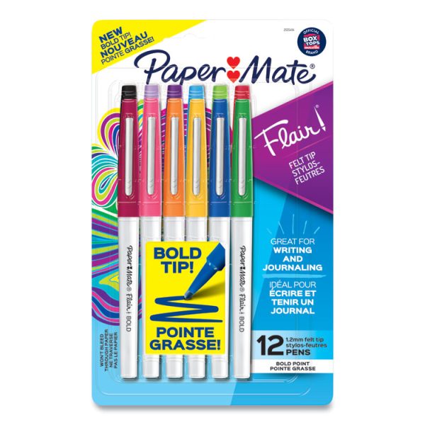 Flair Felt Tip Porous Point Pen, Stick, Bold 1.2 Mm, Assorted Ink Colors, White Pearl Barrel, 12/pack