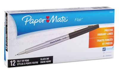 Flair Felt Tip Porous Point Pen, Stick, Extra-Fine 0.4 mm, Black Ink, Gray/Black Barrel, Dozen