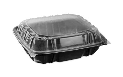 EarthChoice Vented Dual Color Microwavable Hinged Lid Container, 1-Compartment 66oz, 10.5×9.5×3, Black/Clear, Plastic, 132/CT