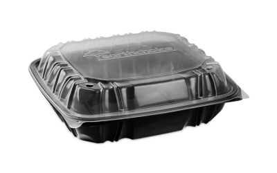 EarthChoice Vented Dual Color Microwavable Hinged Lid Container, 3-Compartment 34oz, 10.5×9.5×3, Black/Clear, Plastic, 132/CT