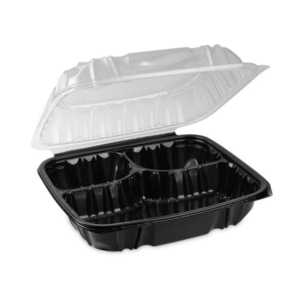 EarthChoice Vented Dual Color Microwavable Hinged Lid Container, 3-Compartment 34oz, 10.5x9.5x3, Black/Clear, Plastic, 132/CT - Image 2