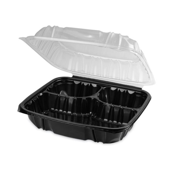 EarthChoice Vented Dual Color Microwavable Hinged Lid Container, 3-Compartment 34oz, 10.5x9.5x3, Black/Clear, Plastic, 132/CT - Image 4