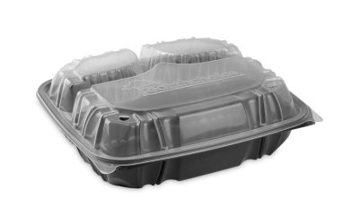 EarthChoice Vented Dual Color Microwavable Hinged Lid Container, 3-Comp Base/Lid, 34 oz, 10.5×9.5×3, Blk/Clr, Plastic, 132/CT