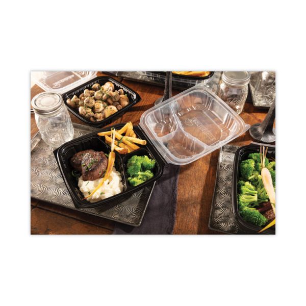 EarthChoice Vented Dual Color Microwavable Hinged Lid Container, 3-Comp Base/Lid, 34 oz, 10.5x9.5x3, Blk/Clr, Plastic, 132/CT - Image 6