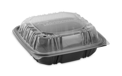 EarthChoice Vented Dual Color Microwavable Hinged Lid Container, 1-Compartment, 28oz, 7.5×7.5×3, Black/Clear, Plastic, 150/CT