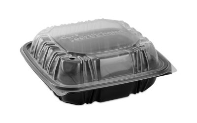EarthChoice Vented Dual Color Microwavable Hinged Lid Container, 3-Compartment, 21oz, 8.5×8.5×3, Black/Clear, Plastic, 150/CT