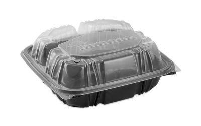 EarthChoice Vented Dual Color Microwavable Hinged Lid Container, 33oz, 8.5×8.5×3, 3-Compartment, Black/Clear, Plastic, 150/CT