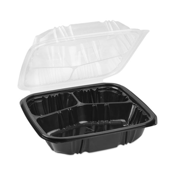 EarthChoice Vented Dual Color Microwavable Hinged Lid Container, 33oz, 8.5x8.5x3, 3-Compartment, Black/Clear, Plastic, 150/CT - Image 2