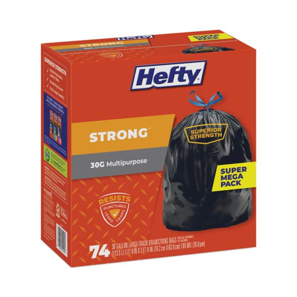 Strong Multipurpose Drawstring Trash Bags, 30 gal, 1.1 mil, 30" x 33", Black, 74/Box - Image 2