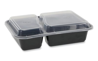 Newspring VERSAtainer Microwavable Containers, Rectangular, 2-Compartment, 30 oz, 6 x 8.5 x 2.5, Black/Clear, Plastic, 150/CT
