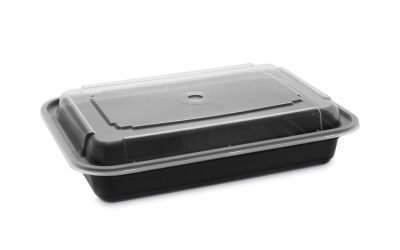 Newspring VERSAtainer Microwavable Containers, 28 oz, 7.25 x 5 x 1.5, Black Base/Clear Lid, Plastic, 150/Carton