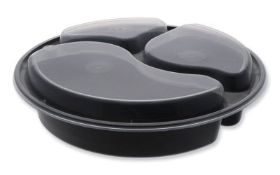 Newspring VERSAtainer Microwavable Containers, Round, 3-Compartment, 39 oz, 9 x 9 x 2.25, Black/Clear, Plastic, 150/Carton