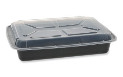Newspring VERSAtainer Microwavable Containers, Rectangular, 58 oz, 8.5 x 11.5 x 2.5, Black/Clear, Plastic, 150/Carton
