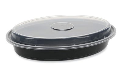 Newspring VERSAtainer Microwavable Containers, Oval, 24 oz, 9.1 x 6.7 x 1.45, Black/Clear, Plastic, 150/Carton