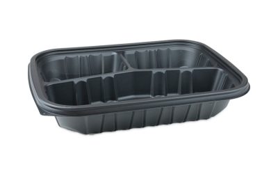 EarthChoice Entree2Go Takeout Container, 3-Compartment, 48 oz, 11.75 x 8.75 x 2.13, Black, Plastic, 200/Carton