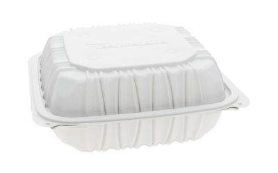 EarthChoice Vented Microwavable MFPP Hinged Lid Container, 8.5 x 8.5 x 3.1, White, Plastic, 146/Carton