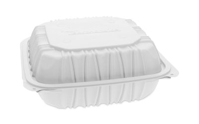 EarthChoice Vented Microwavable MFPP Hinged Lid Container, 3-Compartment, 8.5 x 8.5 x 3.1, White, Plastic, 146/Carton