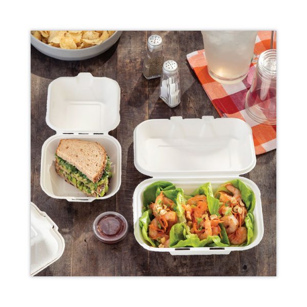 EarthChoice Bagasse Hinged Lid Container, Single Tab Lock, 6" Sandwich, 5.8 x 5.8 x 3.3, Natural, Sugarcane, 500/Carton - Image 5