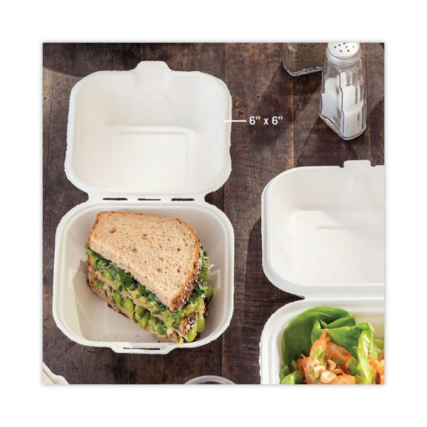 EarthChoice Bagasse Hinged Lid Container, Single Tab Lock, 6" Sandwich, 5.8 x 5.8 x 3.3, Natural, Sugarcane, 500/Carton - Image 7