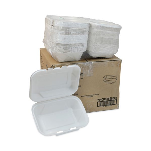 EarthChoice Bagasse Hinged Lid Container, Dual Tab Lock, 9.1 x 6.1 x 3.3, Natural, Sugarcane, 150/Carton - Image 3