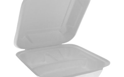 EarthChoice Bagasse Hinged Lid Container, 3-Compartment, Dual Tab Lock, 7.8 x 7.8 x 2.8, Natural, Sugarcane, 150/Carton
