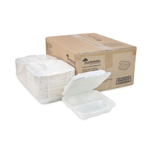 EarthChoice Bagasse Hinged Lid Container, 3-Compartment, Dual Tab Lock, 7.8 x 7.8 x 2.8, Natural, Sugarcane, 150/Carton - Image 4