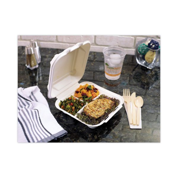 EarthChoice Bagasse Hinged Lid Container, 3-Compartment, Dual Tab Lock, 7.8 x 7.8 x 2.8, Natural, Sugarcane, 150/Carton - Image 9