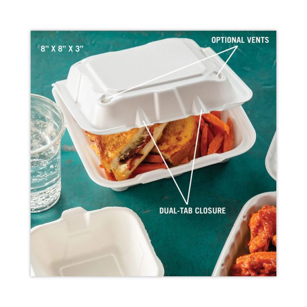 Vented Foam Hinged Lid Container, Dual Tab Lock, 8.42 x 8.15 x 3, White, 150/Carton - Image 8