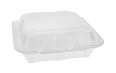 Vented Foam Hinged Lid Container, Dual Tab Lock Economy, 8.42 x 8.15 x 3, White, 150/Carton