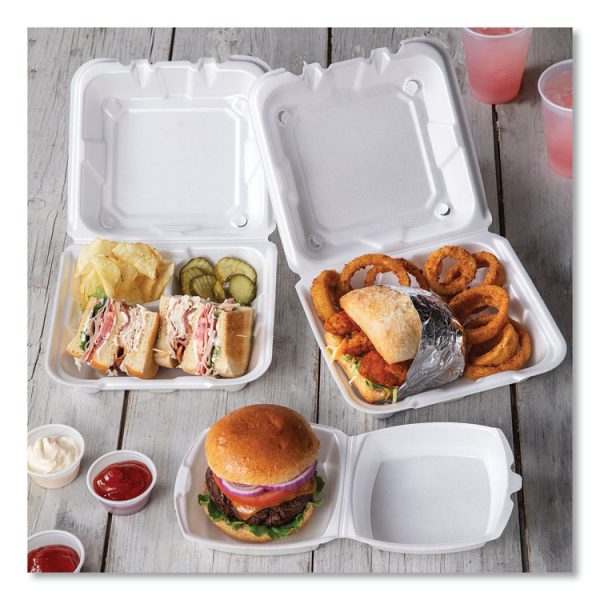 Vented Foam Hinged Lid Container, Dual Tab Lock, 3-Compartment, 8.42 x 8.15 x 3, White, 150/Carton - Image 4