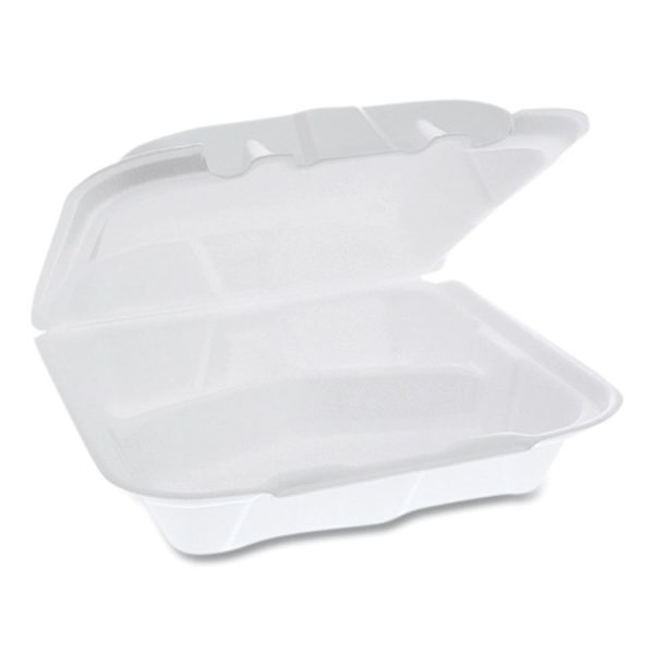 Vented Foam Hinged Lid Container, Dual Tab Lock, 3-Compartment, 8.42 x 8.15 x 3, White, 150/Carton - Image 2